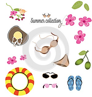 A summer collection with swimwear, hats, glasses, shoes