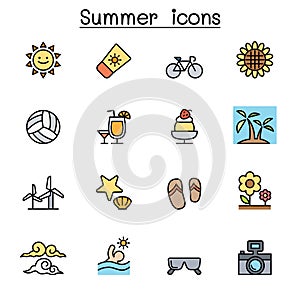 Summer color line icon set