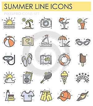 Summer color line icons set on white background for graphic and web design, Modern simple vector sign. Internet concept. Trendy
