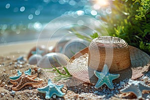 Summer colorful background Hat and starfish are lying on the beach. The concept of summer holidays