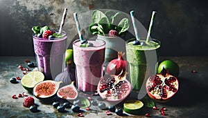 Summer colorful fruit smoothies in jars, vegan protein sources