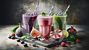 Summer colorful fruit smoothies in jars, vegan protein sources