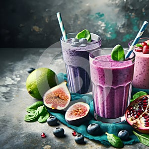 Summer colorful fruit smoothies in jars, vegan protein sources