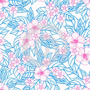 Summer colorful hawaiian seamless pattern with tropical plants and hibiscus flowers.