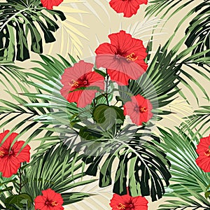 Summer colorful Hawaiian seamless pattern with tropical plants, palms leaves and red hibiscus flowers.