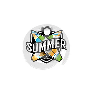 Summer colorful modern logo in a sports style. 2 surf, sun and text on the shield. Vector illustration. Holiday element