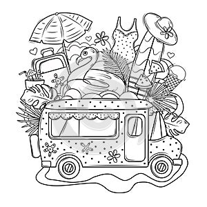 Summer coloring book. Travel to the sea by bus. Coloring book for adults. Vector set. The objects are isolated