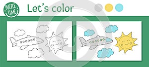 Summer coloring page for children. Cute funny plane flying among the clouds and sun. Vector beach holidays outline illustration.