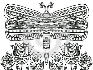 Summer coloring page with dragonfly and blossom floweers.