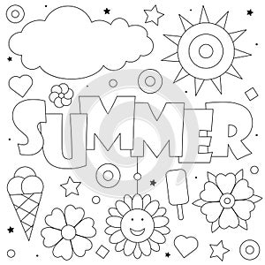 Summer. Coloring page. Vector illustration of the sun, flowers and icecream