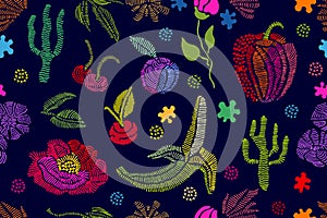 Summer colors. Floral seamless vector pattern with embroidered fruits, wildflowe photo