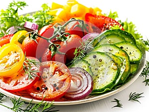 Summer colourful and full of vitamins vegetable salad . on a plate, close-up on a white background. AI generative