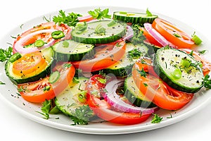 Summer colourful and full of vitamins vegetable salad . on a plate, close-up on a white background. AI generative