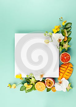 Summer composition with fruits and flowers on blue background