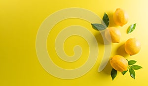 Summer composition made from lemon or lime and leaf on pastel yellow background. Fruit minimal concept. Flat lay, top view, copy