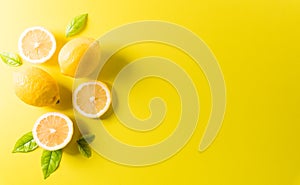 Summer composition made from oranges, lemon or lime on pastel yellow background. Fruit minimal concept. Flat lay, top view, copy