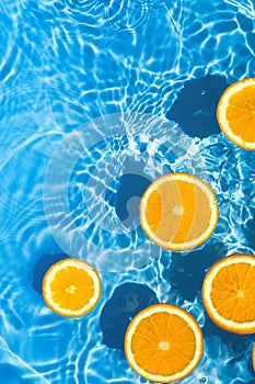 summer composition made of sliced orange in transparent pool water. Refreshment concept. Healthy refreshing drink theme.