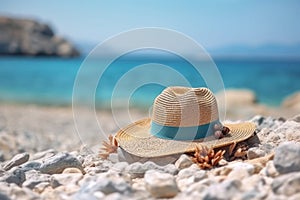 Summer composition on sandy beach with hat at blue sea as background. Summer vacation concept
