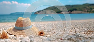 Summer composition on sandy beach with hat at blue sea as background. Summer vacation concept