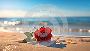 Summer composition on sandy beach with red rosee, blue sea as background,red rose in the sand