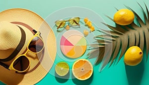 Summer composition. Sunglasses, hat, orange, lemon and palm leaves on blue background. Flat lay, top view