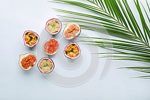 Summer composition with tropical fruits and palm leaf on white background