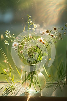 Summer composition, vase with delicate wildflowers and daisies in sunlight on the table photo