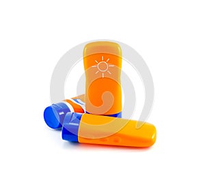 Summer concept : Beach items - Bottles with sunblock lotion