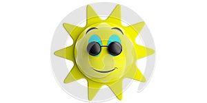 Emoji sun yellow with black round sunglasses smiling, cutout, isolated on a white background. 3d illustration.