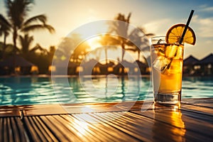 Summer concept .glass of coctail at swimming pool in hotel