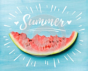 Summer concept illustration. Slice of watermelon on turquoise blue background, top view.