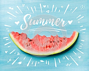 Summer concept illustration. Slice of watermelon on turquoise blue background, top view.