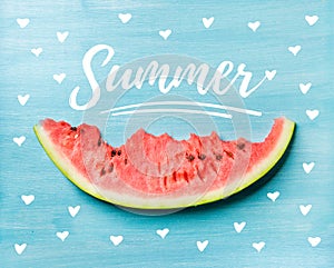 Summer concept illustration. Slice of watermelon on turquoise blue background, top view.