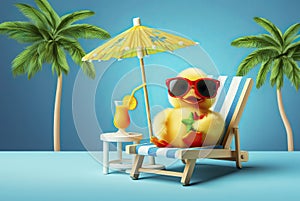 Summer concept with a lounge chair on the ocean, palm branches and a cocktail. A cheerful duck lies in a summer sun lounger