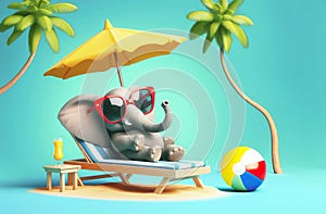 Summer concept with a lounge chair on the ocean, palm branches and a cocktail. Cheerful elephant lies in a summer sun lounger