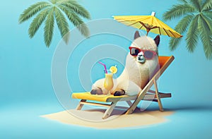 Summer concept with a lounge chair on the ocean, palm branches and a cocktail. Cheerful lama lies in a summer sun lounger