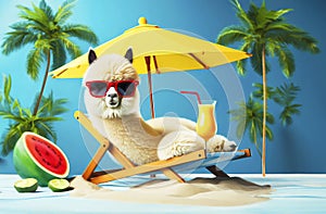 Summer concept with a lounge chair on the ocean, palm branches and a cocktail. Cheerful lama lies in a summer sun lounger