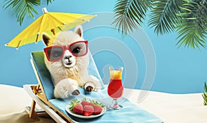 Summer concept with a lounge chair on the ocean, palm branches and a cocktail. Cheerful lama lies in a summer sun lounger