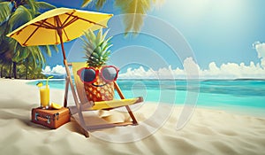 Summer concept with a lounge chair on the ocean, palm branches and a cocktail. A cheerful pineapple lies in a summer sun lounger