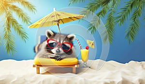 Summer concept with a lounge chair on the ocean, palm branches and a cocktail. A cheerful raccoon lies in a summer sun lounger