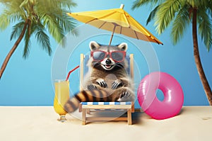 Summer concept with a lounge chair on the ocean, palm branches and a cocktail. A cheerful raccoon lies in a summer sun lounger