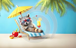Summer concept with a lounge chair on the ocean, palm branches and a cocktail. A cheerful raccoon lies in a summer sun lounger