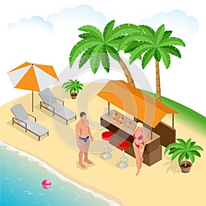 Summer concept of sandy beach. Beach summer couple on beach vacation holiday relax in the sun on their deck chairs under