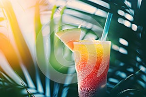 Summer concept - slushie drink with palm trees in the background, copy space