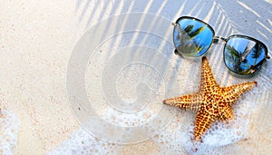 Summer concept, starfish shell and sunglasses on the tropical beach sand, with copy space