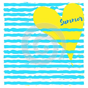 Summer concept. Yellow heart on blue stripes. Vector illustration