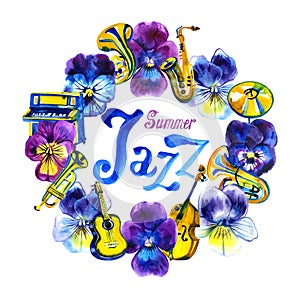 Summer concert Jazz and Blues music festival. Watercolor frame. Poster background template.