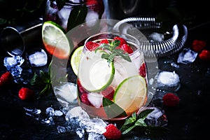 Summer cool alcoholic cocktail raspberry mojito cocktail with li