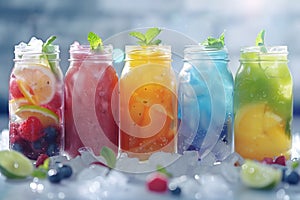 Summer cool slush or smoothie iced fruit juice glass jars for refreshing healthy chilled drinks
