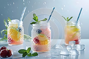 Summer cool slush or smoothie iced fruit juice glass jars for refreshing healthy chilled drinks